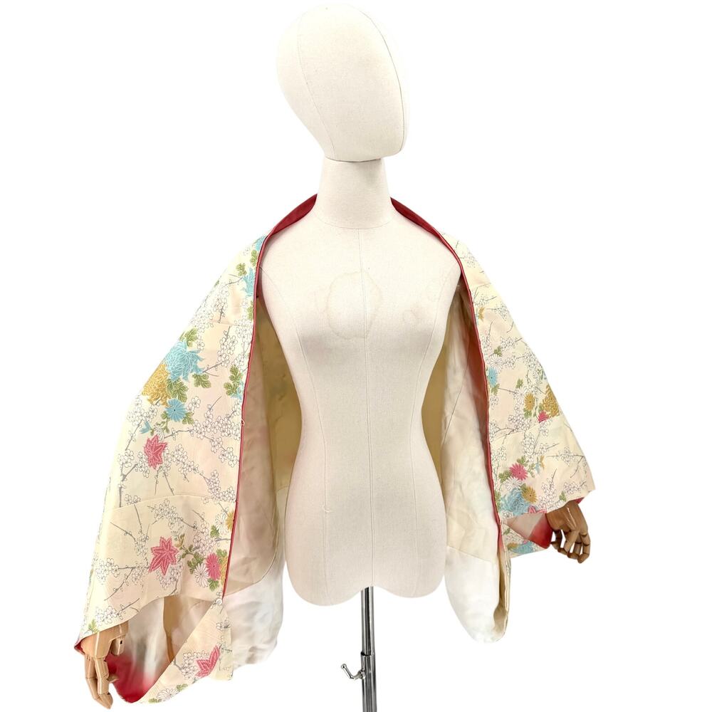Vintage Y2K Ivory Michiyuki Rinzu 100% Silk Japanese Floral Haori Wrap Jacket